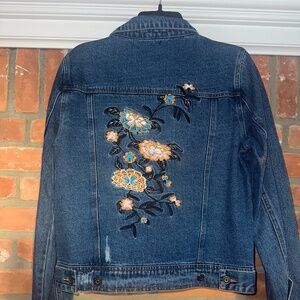 Women's Lunik Jean Jacket Embroidered Floral Button Down Blue Denim~ Large